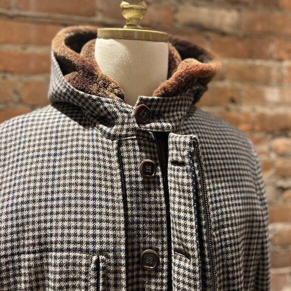 ETRO Milano Wool Blend Houndstooth Coat with Shearling Hood - Picture 2 of 14